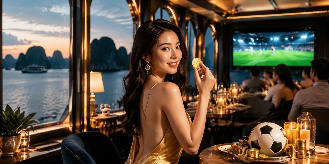 Người dùng xem cược bóng đá trên điện thoại tại vịnh Hạ Long với ly cà phê